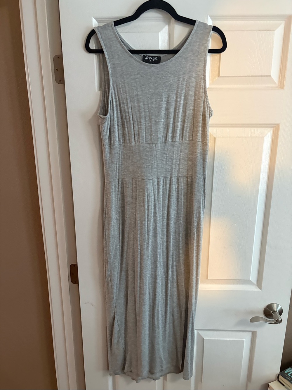 Nasty Gal Made in USA midi dress slit gray belted comfy stretchy scoop neck L